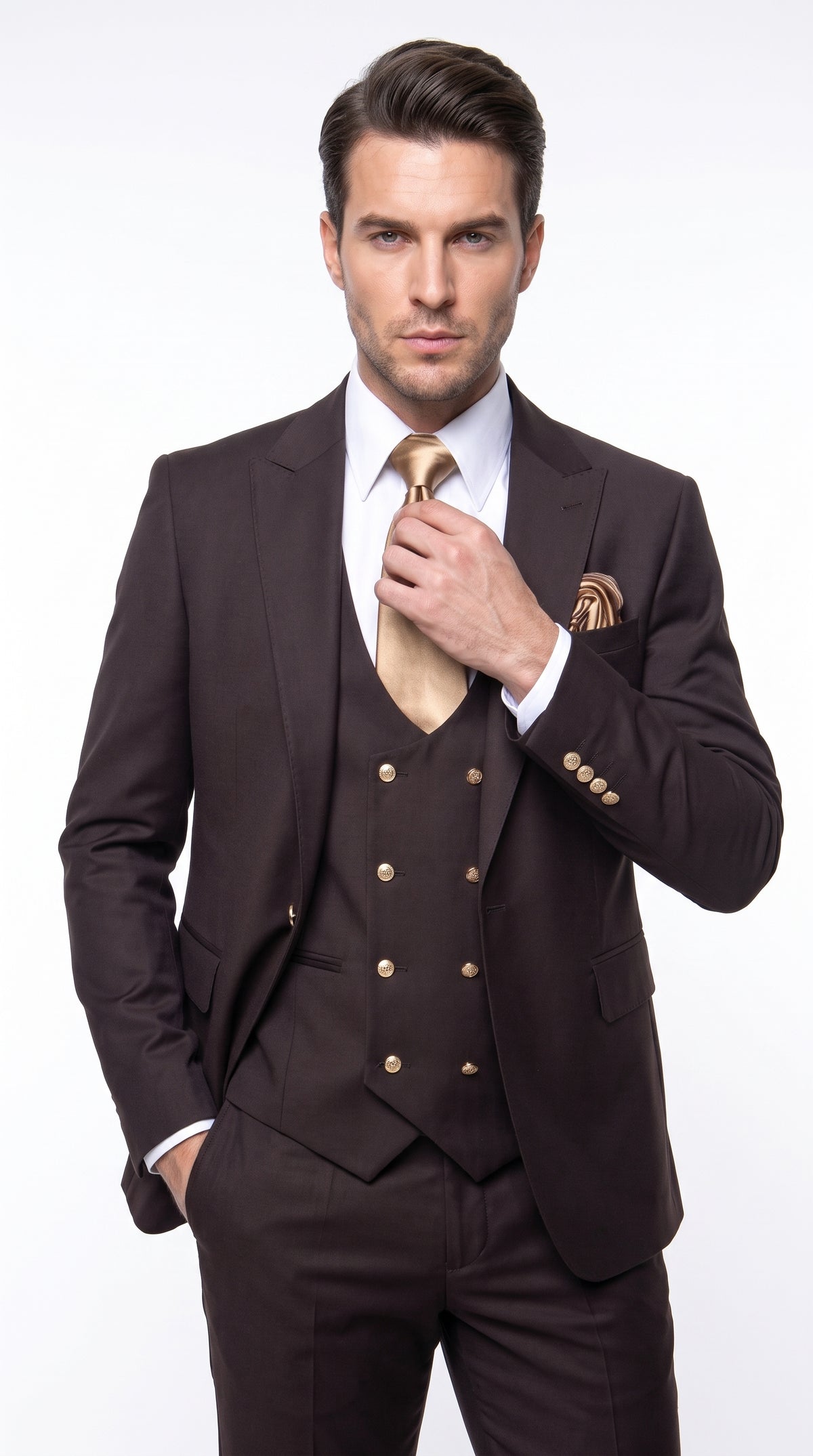 Rossi Man Max Chocolate Brown 3-Piece Suit – Men’s Formal Suit with Double-Breasted Vest & Gold Buttons
