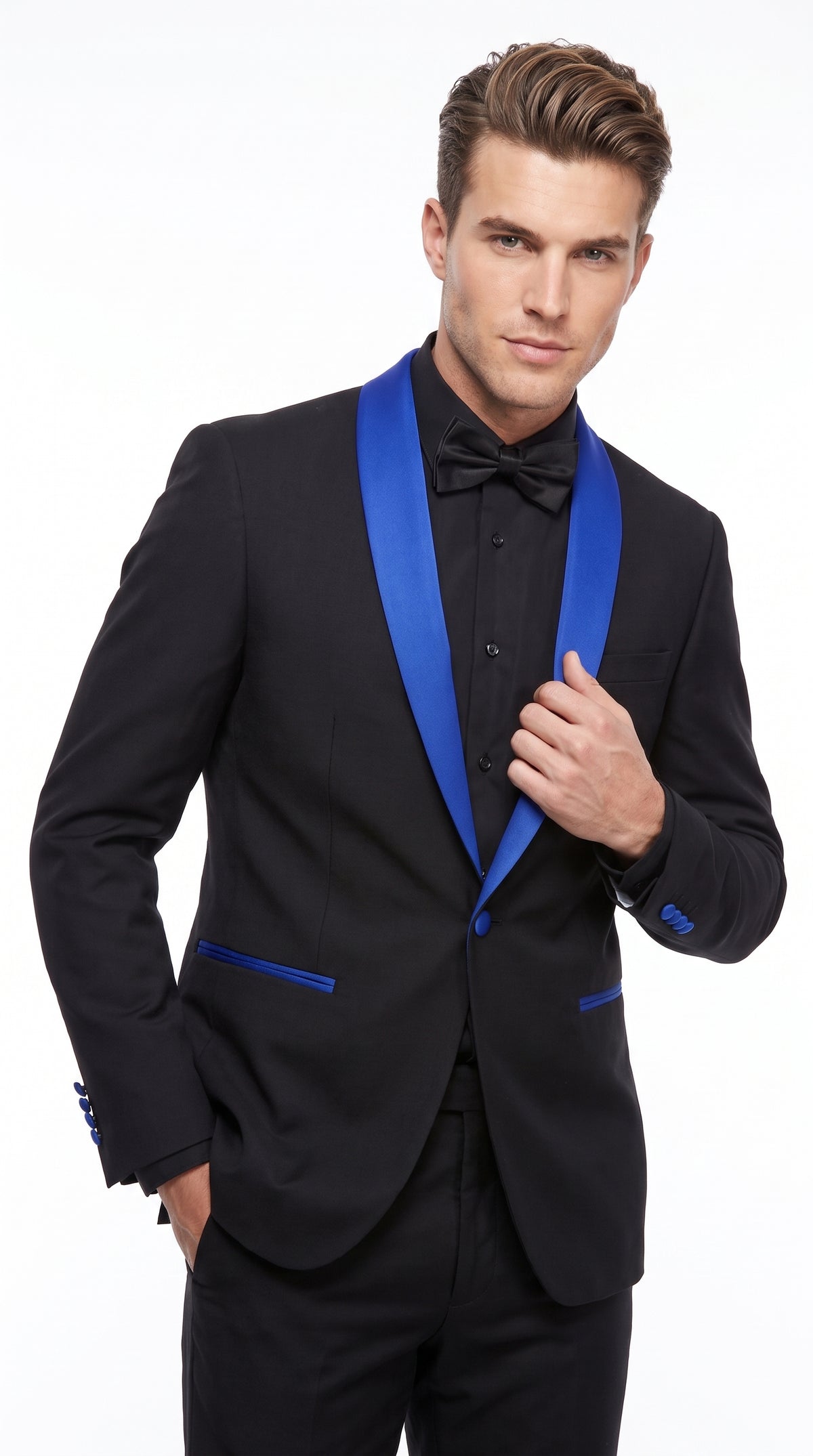 Men’s Black One-Button Suit with Royal Blue Shawl Lapel – Prom & Formal Suit