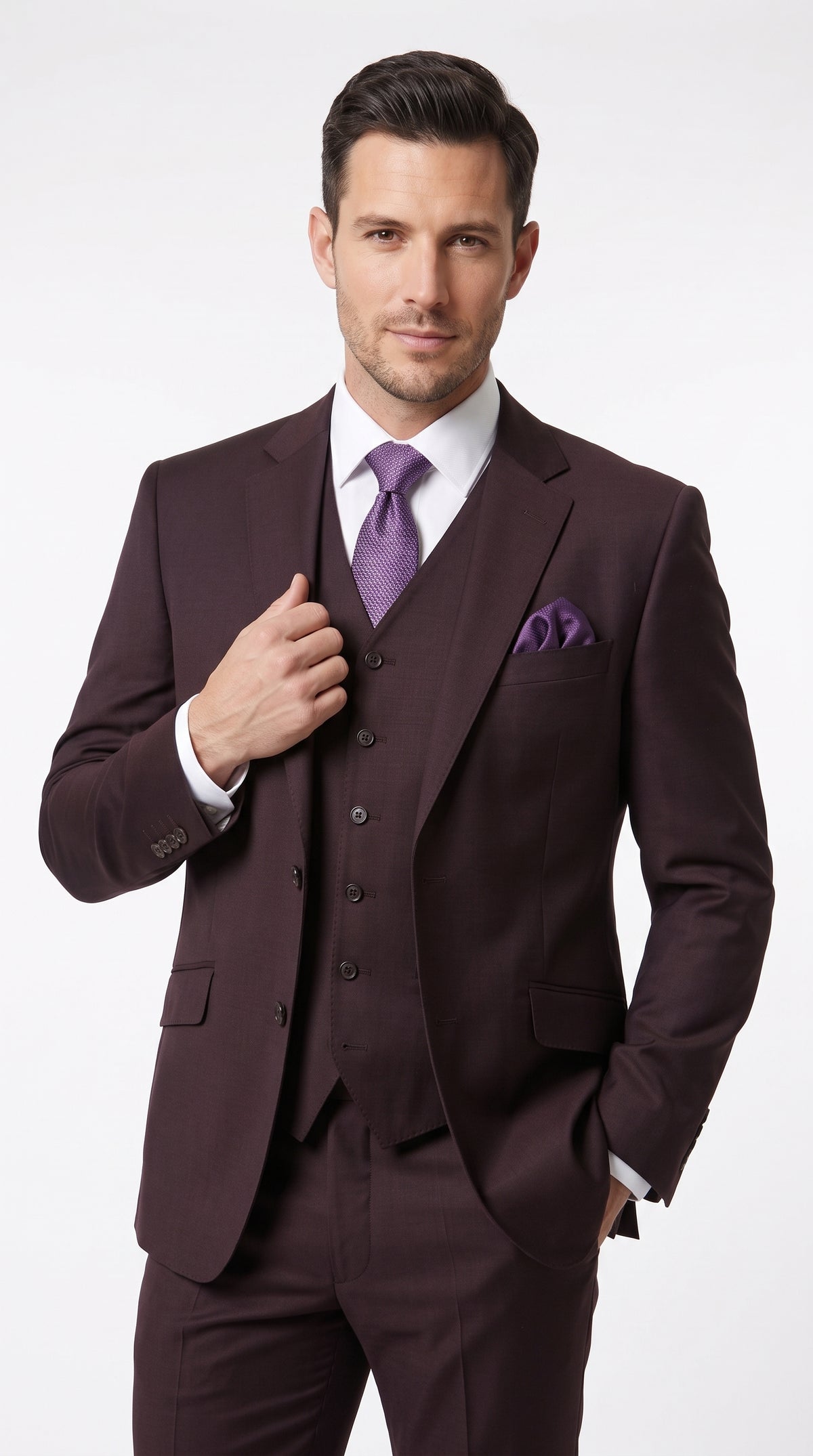 Statement Men’s Plum Eggplant 2 Button Modern Fit Suit, Italian Style Wool Formal Wedding Business Suit