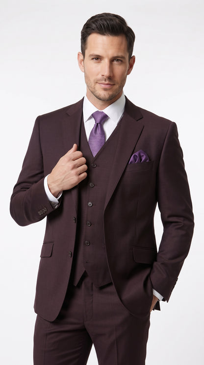 Statement Men’s Plum Eggplant 2 Button Modern Fit Suit, Italian Style Wool Formal Wedding Business Suit