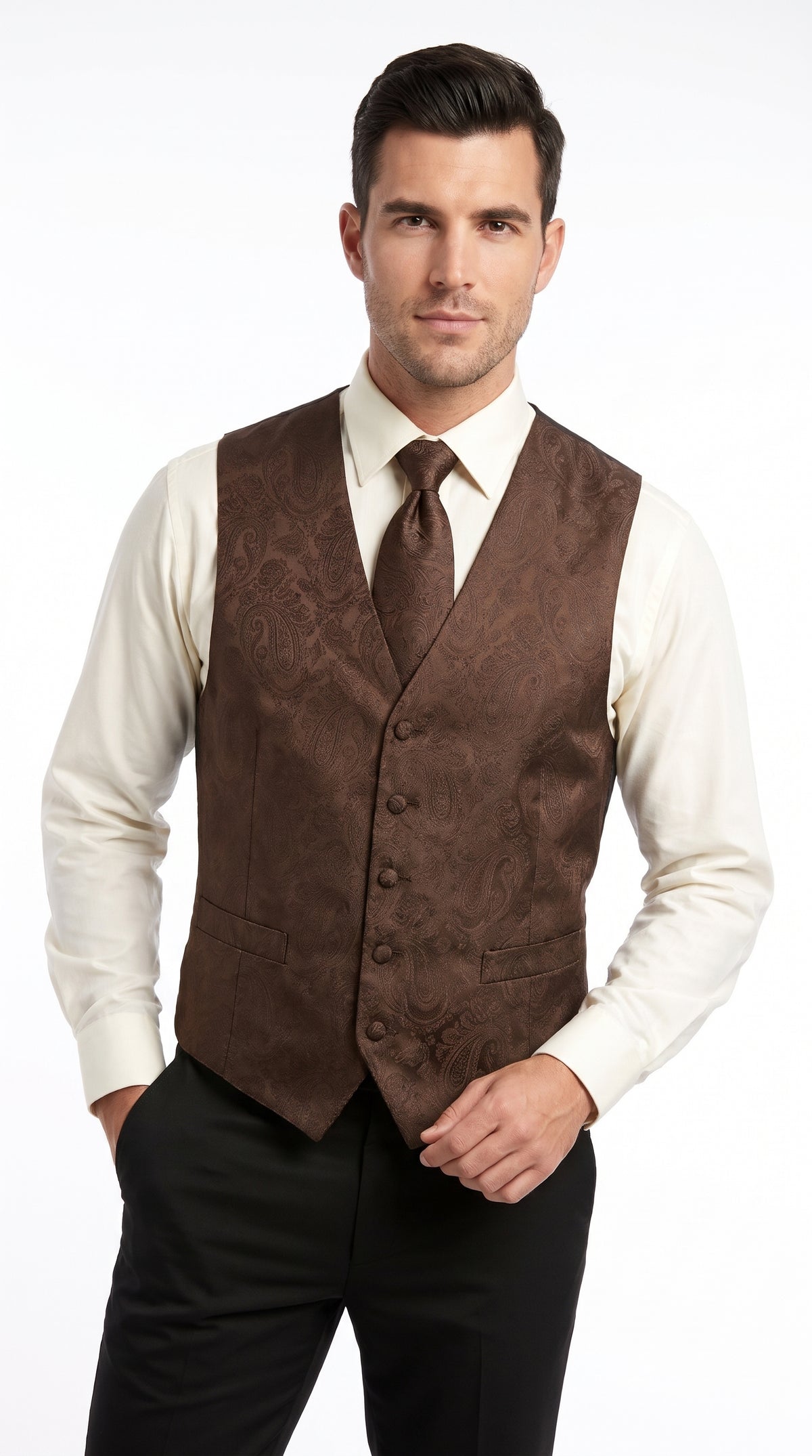 Men’s Dark Brown Paisley Tuxedo Vest and Matching Tie Set, Formal Wedding Waistcoat for Prom, Church and Parties