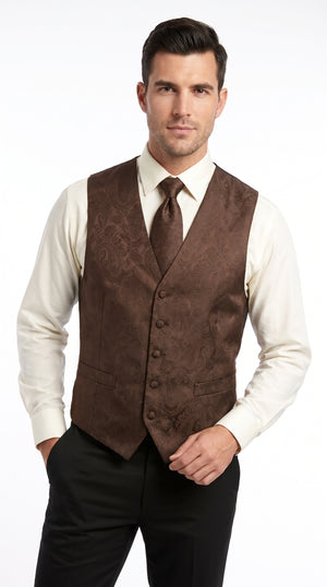Men’s Dark Brown Paisley Tuxedo Vest and Matching Tie Set, Formal Wedding Waistcoat for Prom, Church and Parties