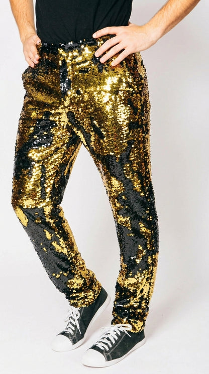 Men’s Gold and Black Sequin Pants, Shiny Party Stage Performance Dress Pants