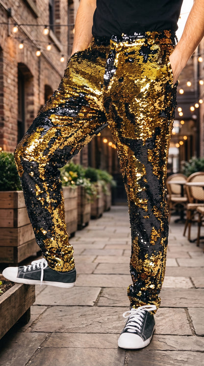 Men’s Gold and Black Sequin Pants, Shiny Party Stage Performance Dress Pants