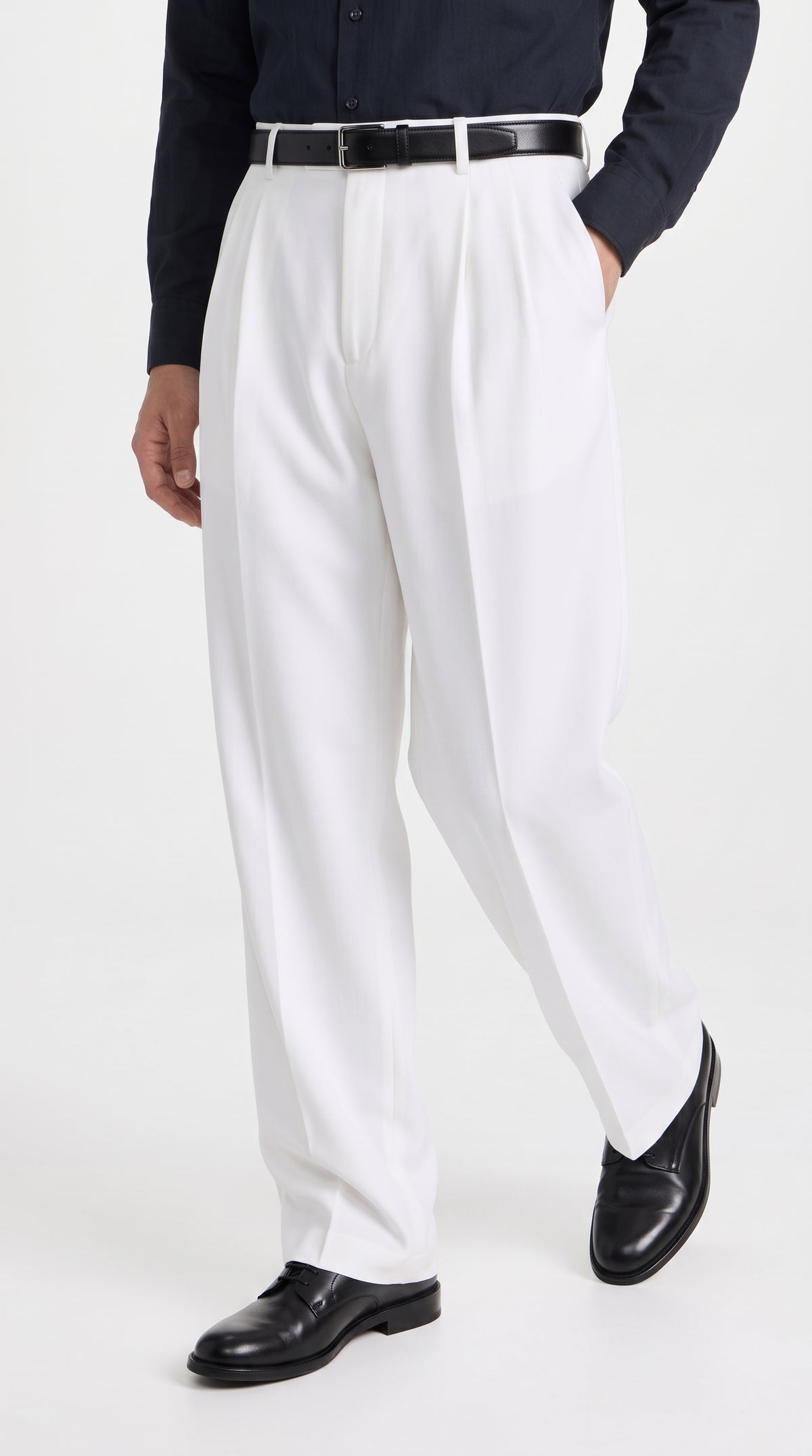Men’s White Wide Leg Pleated Dress Pants, Baggy Fit Formal Slacks with Unhemmed Bottoms