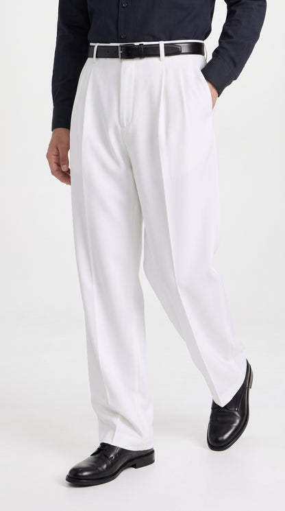 Men’s White Wide Leg Pleated Dress Pants, Baggy Fit Formal Slacks with Unhemmed Bottoms