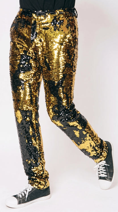 Men’s Gold and Black Sequin Pants, Shiny Party Stage Performance Dress Pants
