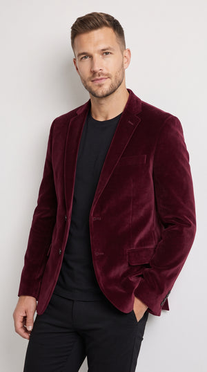 Men’s Burgundy Velvet Blazer, Wine Maroon Velour Smoking Jacket, 2 Button Formal Sport Coat for Weddings and Parties
