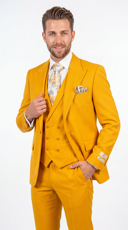 Rossi Man ELI RM103 – Men’s Bold Yellow Modern Fit 3-Piece Suit with Peak Lapel