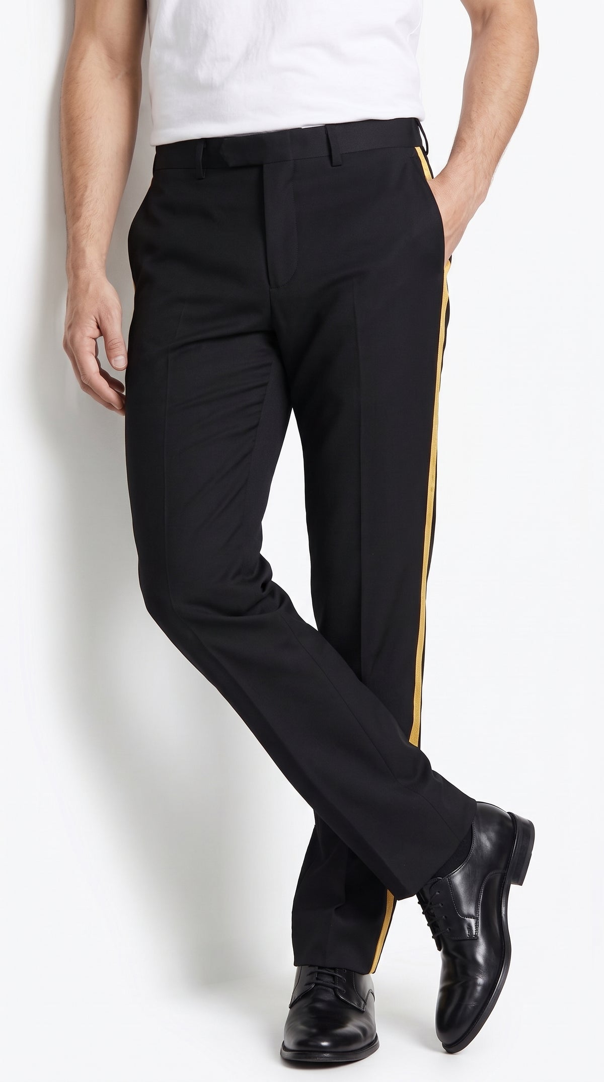 Men’s Black Tuxedo Pants with Gold Side Stripe – Flat Front Formal Dress Pants