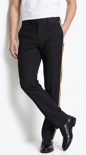 Men’s Black Tuxedo Pants with Gold Side Stripe – Flat Front Formal Dress Pants