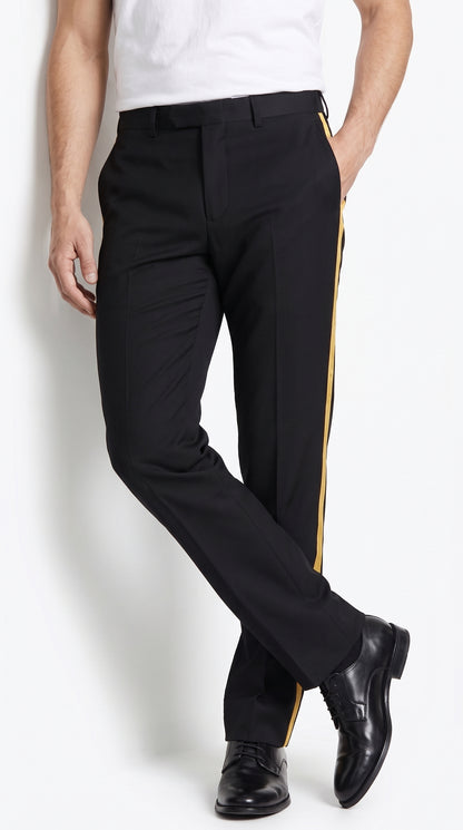 Men’s Black Tuxedo Pants with Gold Side Stripe – Flat Front Formal Dress Pants