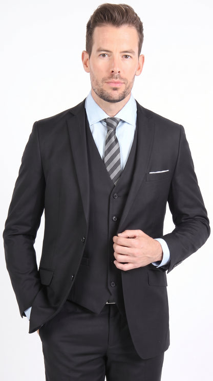 Men’s Black 3-Piece Vested Suit – Two-Button Formal Suit with Vest & Flat-Front Pants
