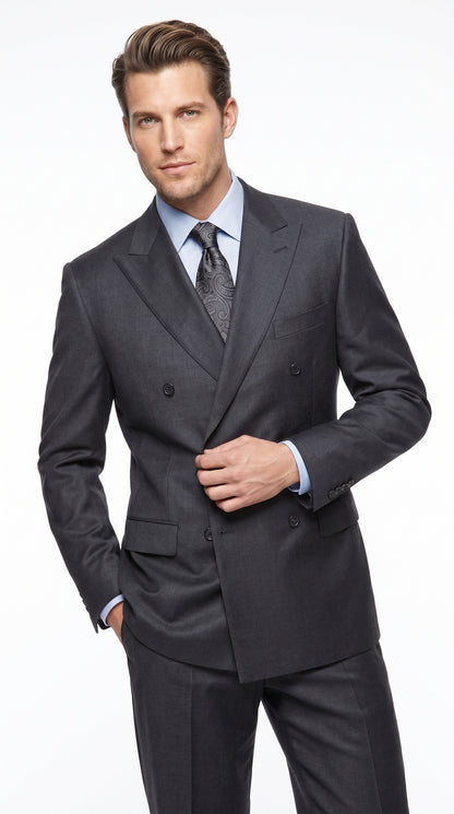 Men’s Dark Grey Double-Breasted Wool Suit – Peak Lapel, Side Vent & Pleated Pants Formal Suit