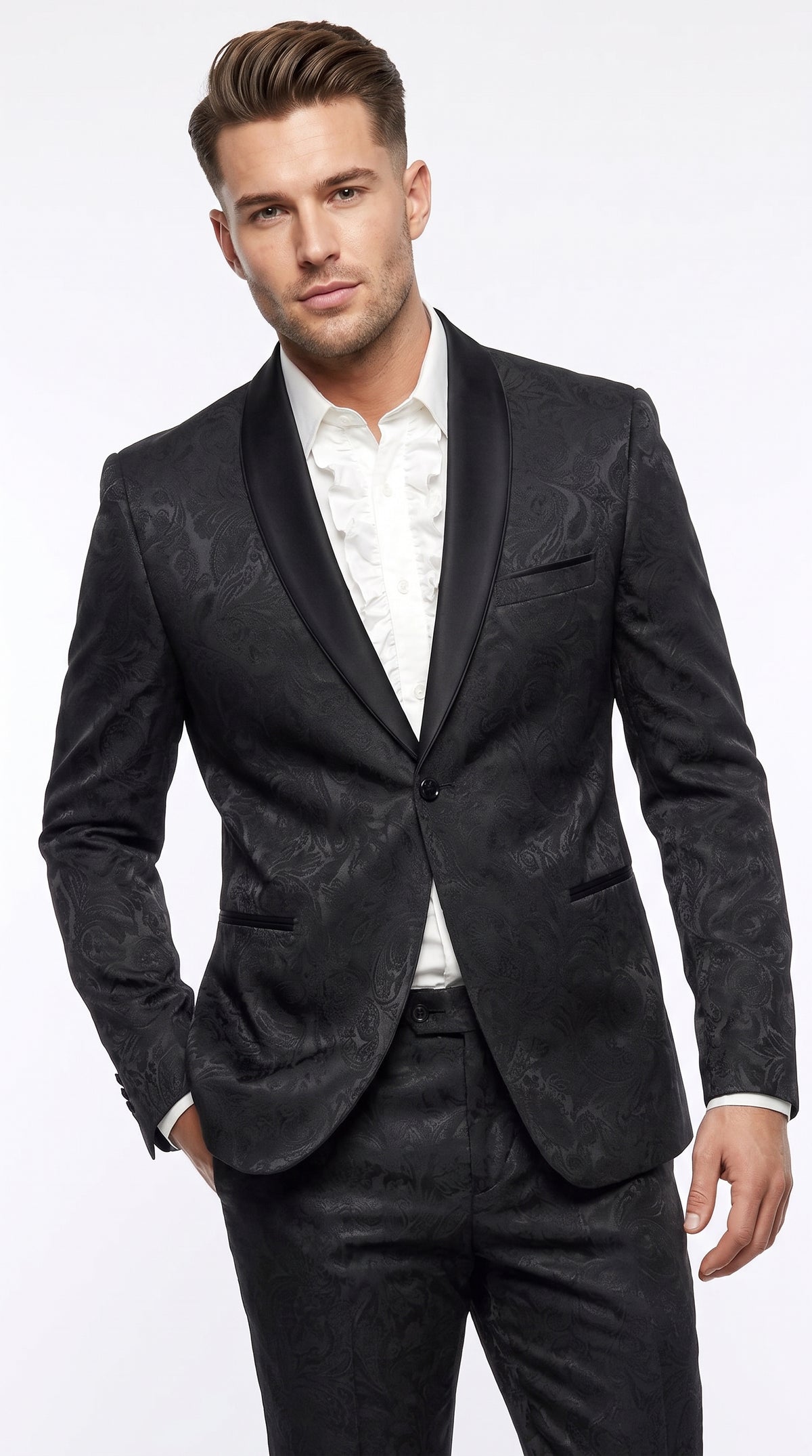 Men’s Black Paisley Floral Suit – Patterned Prom & Wedding Formal Suit