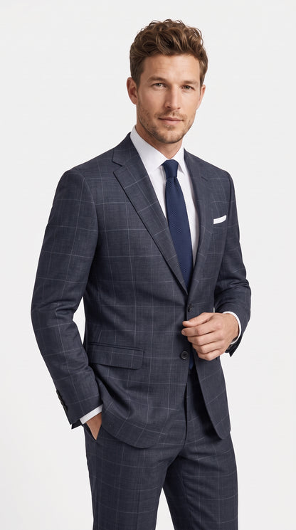 Statement Men’s Navy Windowpane 2 Piece Wool Suit, Modern Fit Super 200s Formal Business Suit