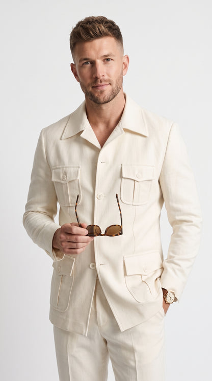 Men’s Off White Casual Safari Suit, Modern Fit Pocket Front Summer Walking Suit
