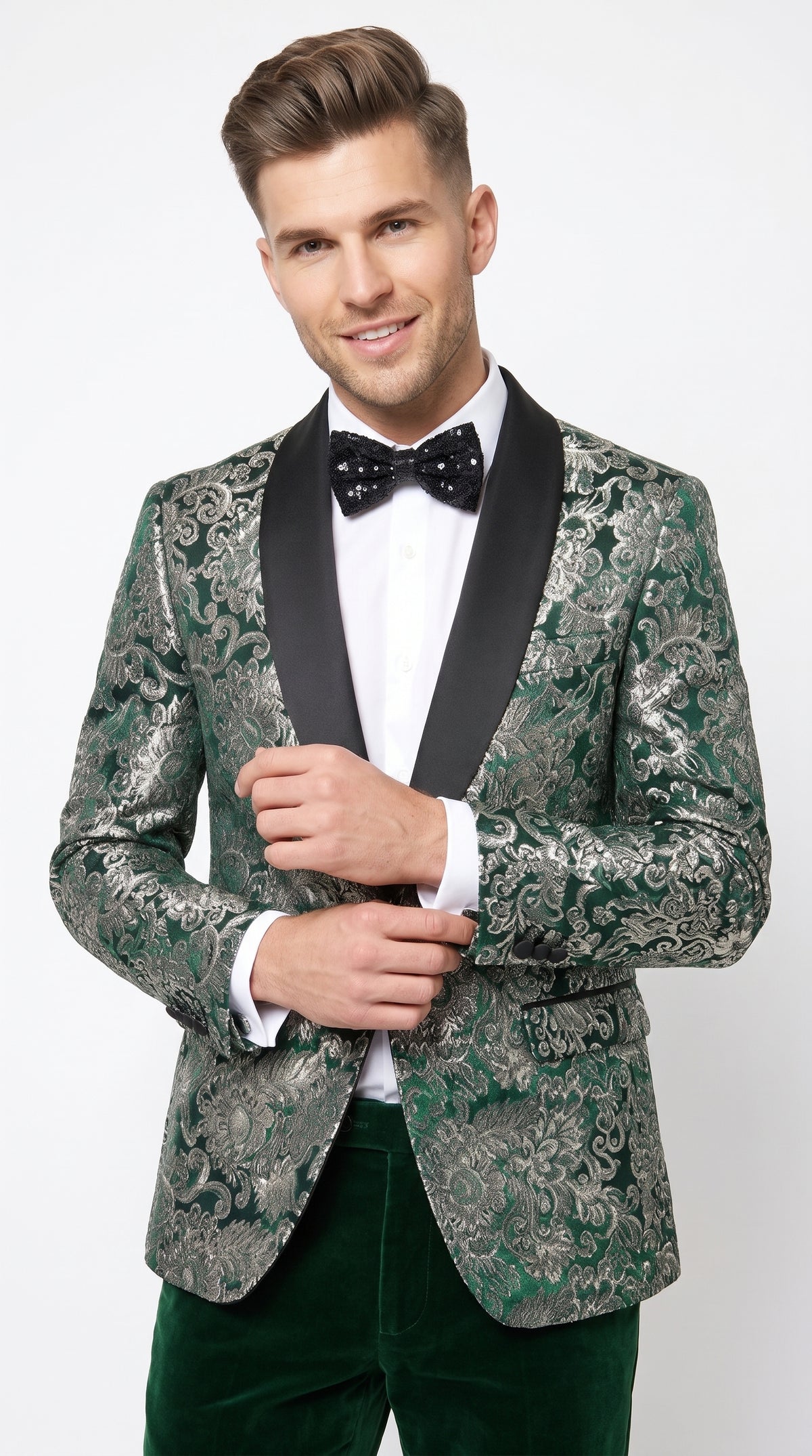 Men’s Emerald Green and Gold Floral Jacquard Tuxedo Suit, Black Satin Shawl Lapel Wedding Prom Formal Suit