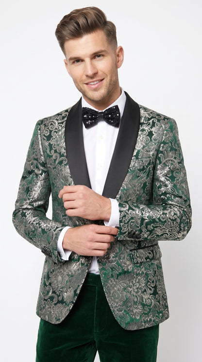 Men’s Emerald Green and Gold Floral Jacquard Tuxedo Suit, Black Satin Shawl Lapel Wedding Prom Formal Suit
