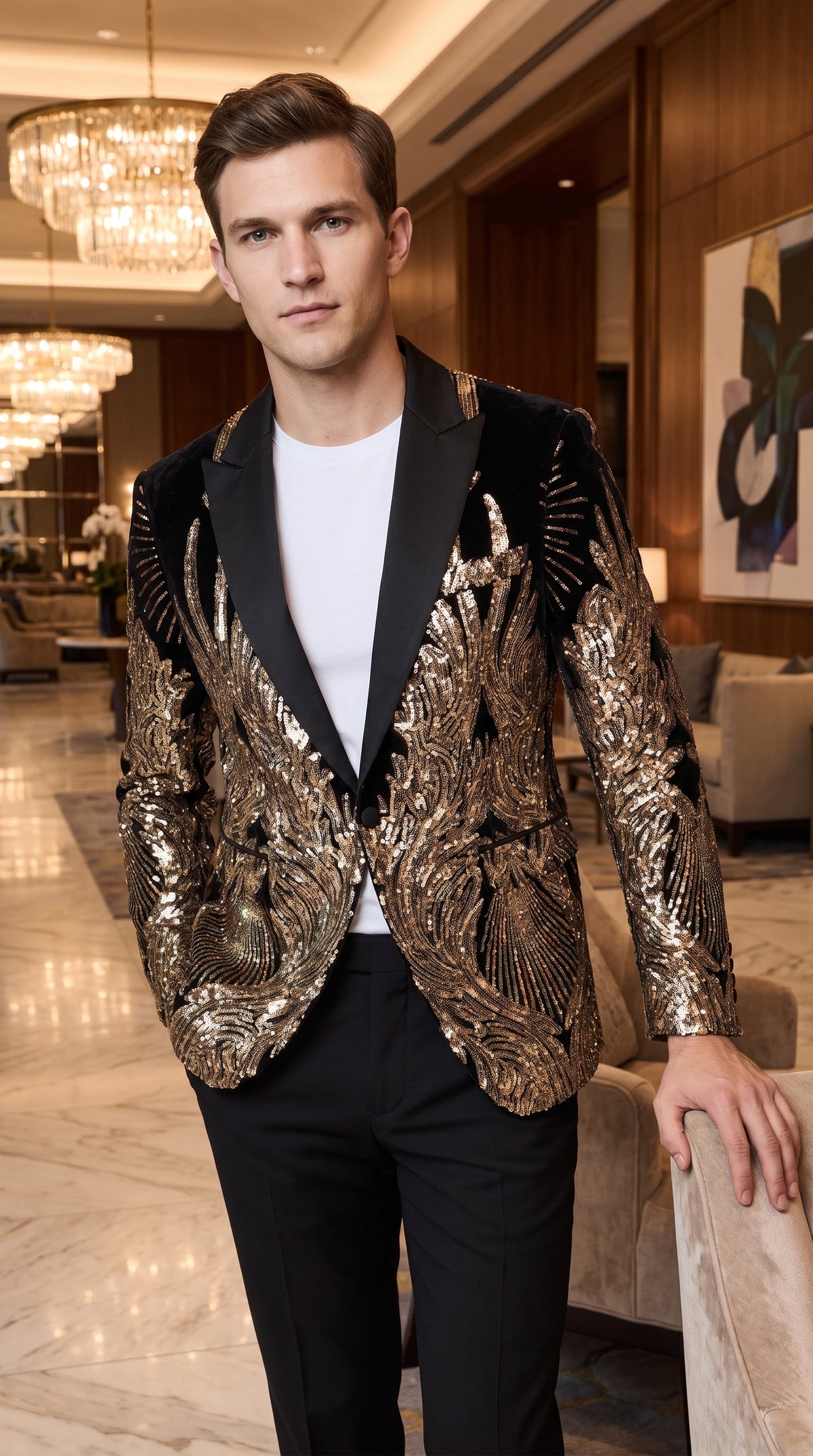Men’s Black & Gold Peacock Sequin Tuxedo Jacket – Luxury Prom, Wedding & Party Blazer with Black Shawl Lapel