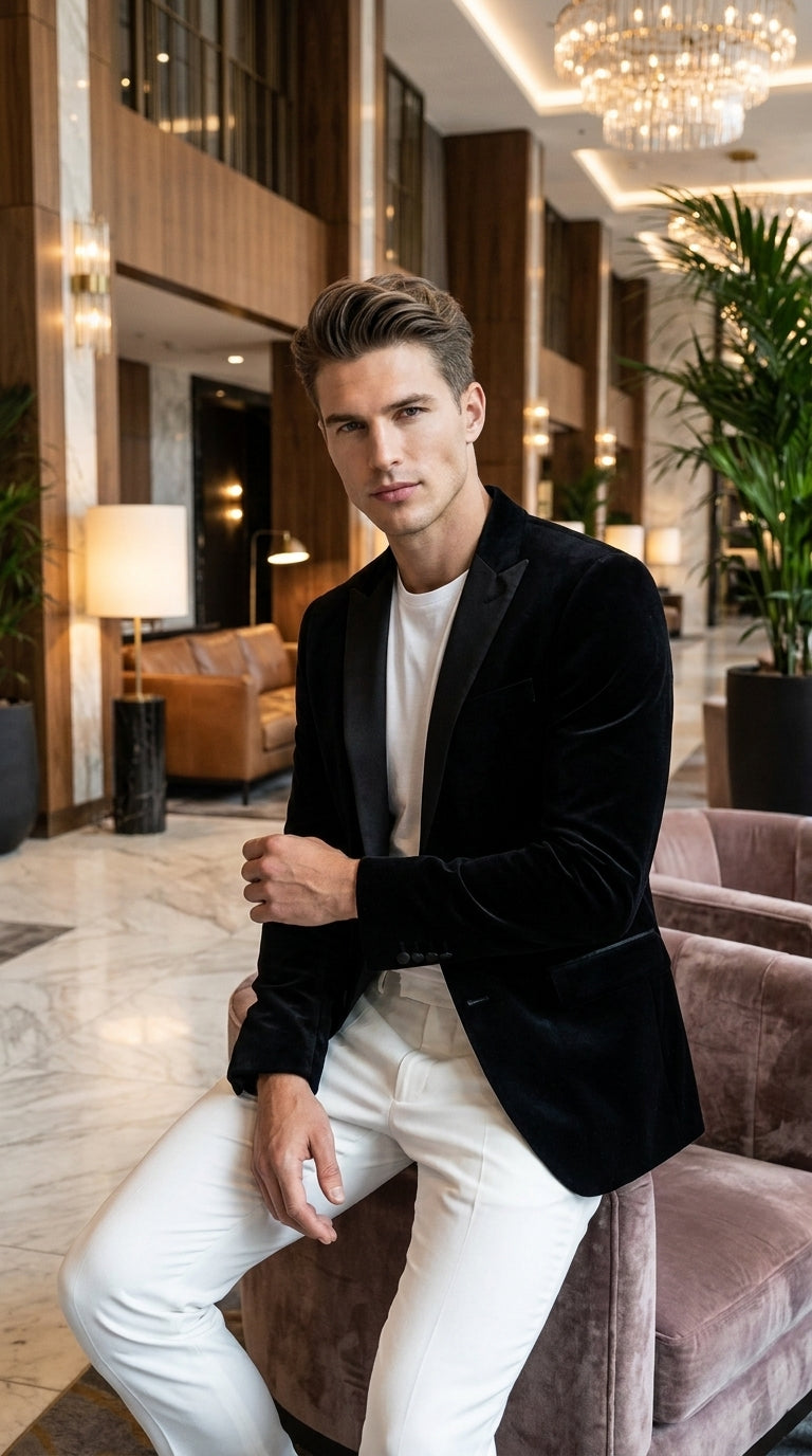 Men’s Black Velvet Blazer – 2 Button Velour Tuxedo Dinner Jacket
