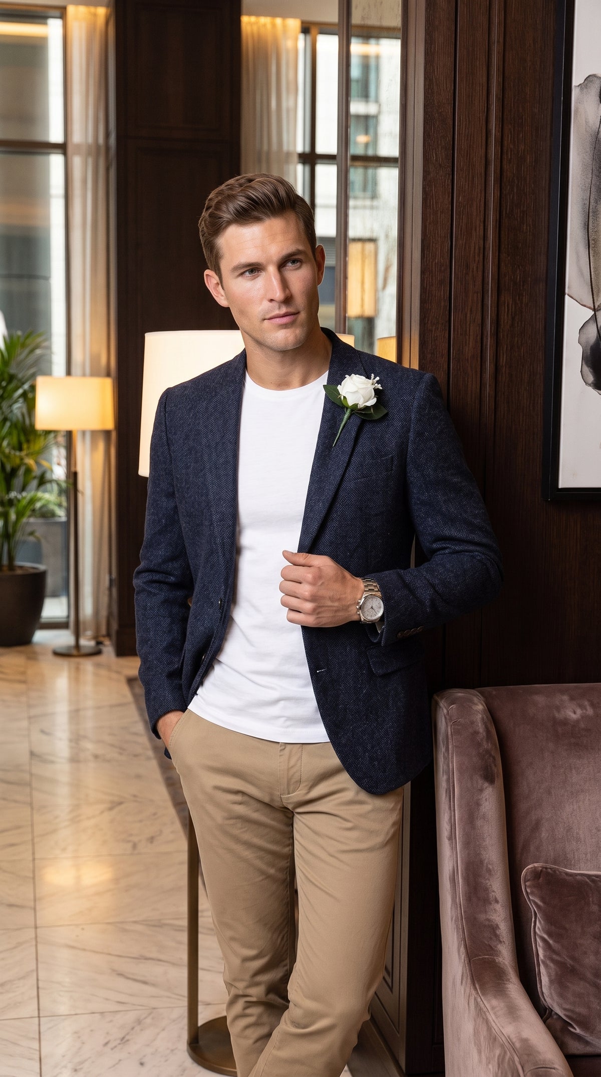 Men’s Navy Herringbone Tweed Blazer – Classic Two Button Sport Coat for Weddings, Business & Smart Casual Wear