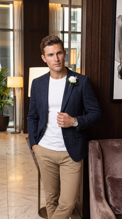Men’s Navy Herringbone Tweed Blazer – Classic Two Button Sport Coat for Weddings, Business & Smart Casual Wear