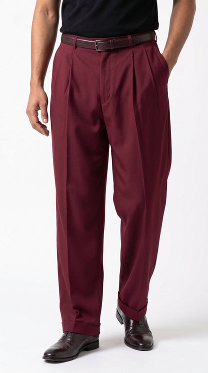 Pacelli Men’s Burgundy Pleated Wide Leg Dress Pants, Wine Maroon Baggy Fit Slacks with Unhemmed Bottoms
