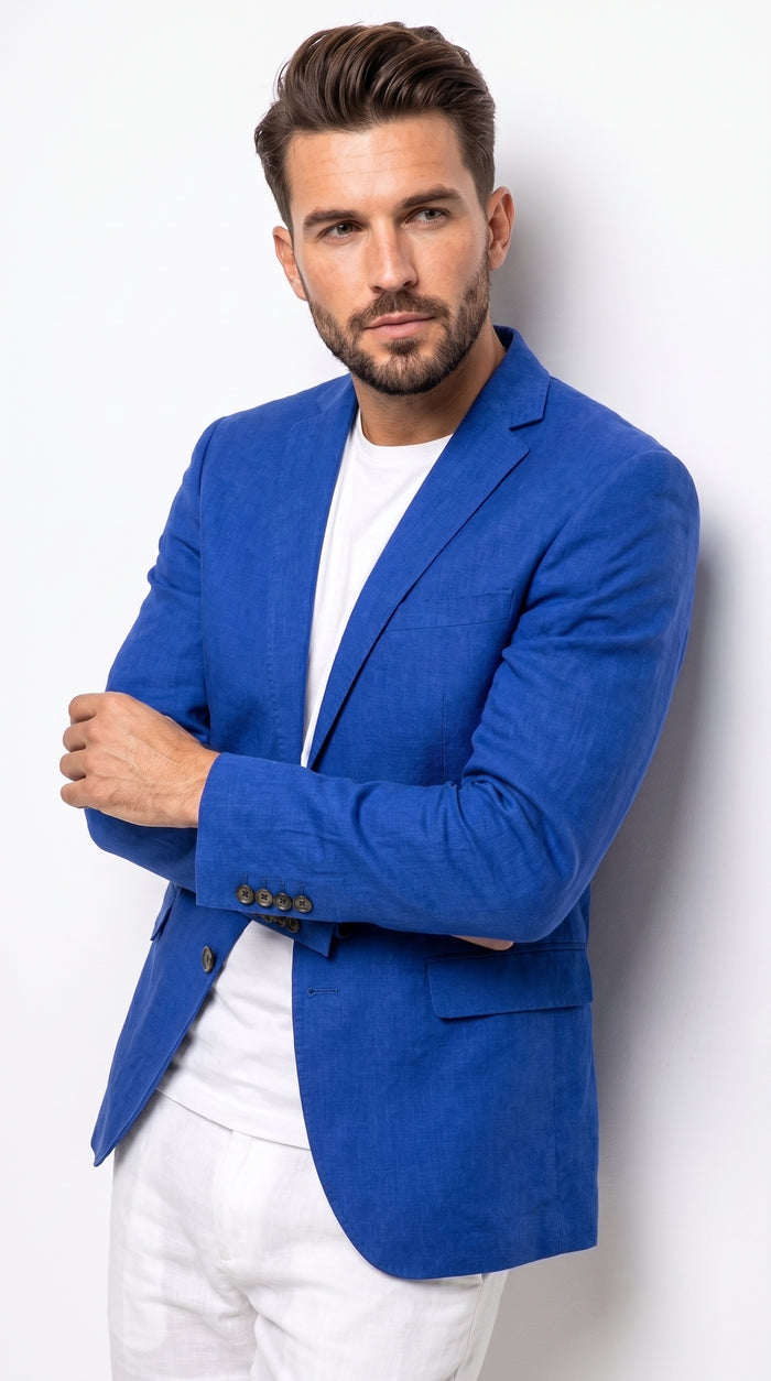 Men’s Royal Blue Linen Blazer – 2 Button Summer Sport Coat for Weddings, Parties & Casual Wear