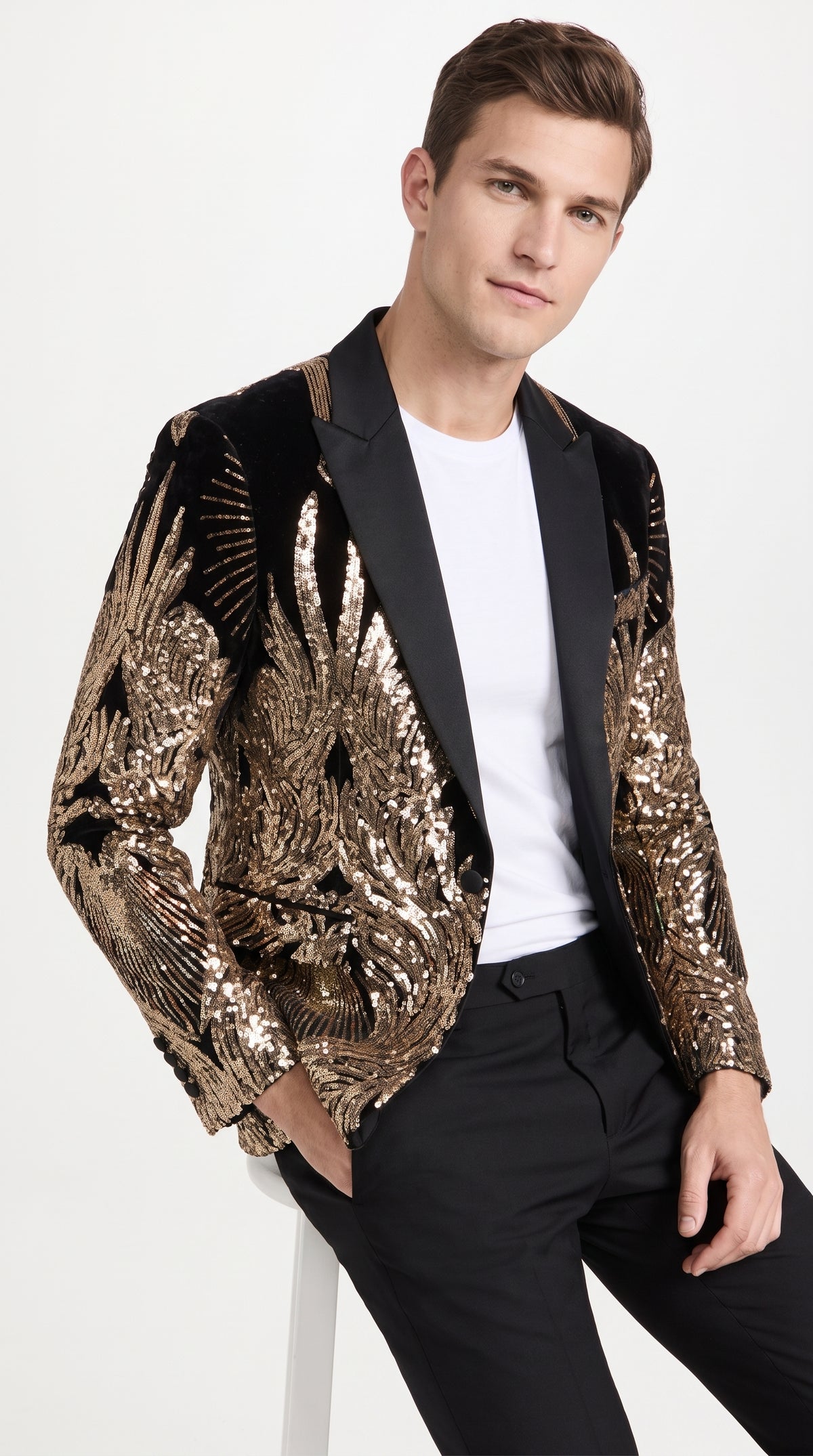 Men’s Black & Gold Peacock Sequin Tuxedo Jacket – Luxury Prom, Wedding & Party Blazer with Black Shawl Lapel