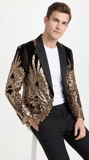 Men’s Black & Gold Peacock Sequin Tuxedo Jacket – Luxury Prom, Wedding & Party Blazer with Black Shawl Lapel