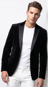 Men’s Black Velvet Blazer – 2 Button Velour Tuxedo Dinner Jacket