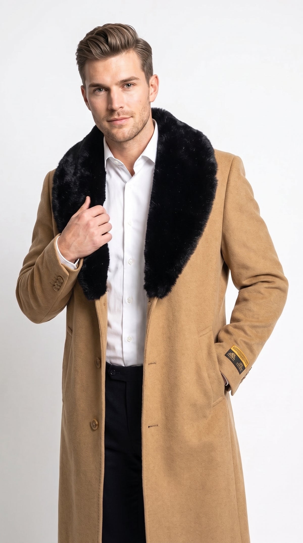 Men’s Camel Wool Full-Length Top Coat with Black Fur Collar – Classic Winter Overcoat