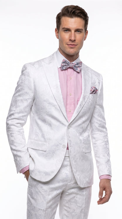 Men’s White Paisley Floral Suit – 2-Piece Wedding, Prom & Party Jacket and Pants