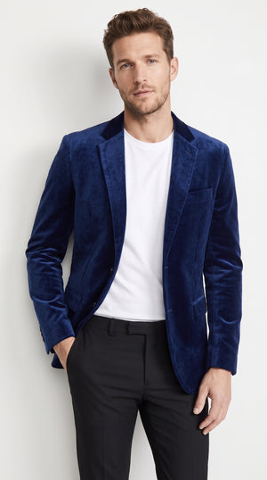 Men’s Sapphire Velvet Blazer, Modern Fit 2 Button Formal Sport Coat for Weddings and Parties