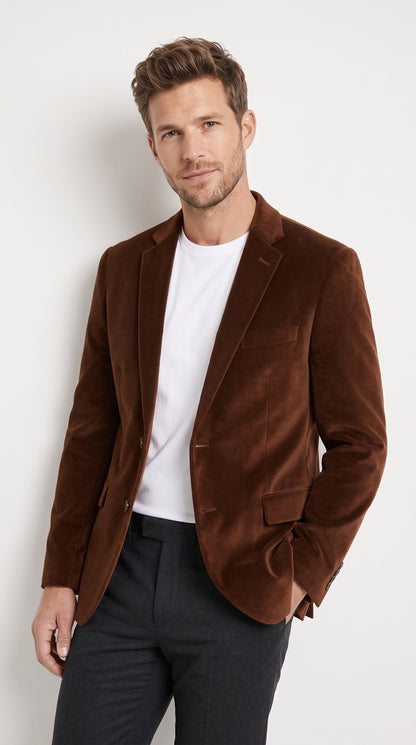 Men's Brown Velour Blazer Jacket – Classic Velvet-Look 2 Button Sport Coat for Weddings, Parties & Formal Events