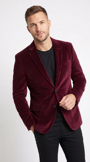Men’s Burgundy Velvet Blazer, Wine Maroon Velour Smoking Jacket, 2 Button Formal Sport Coat for Weddings and Parties