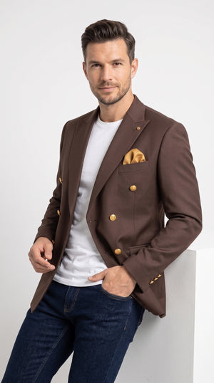 Men’s Brown Double Breasted Blazer, Wool Feel 6 Button Sport Coat with Gold Buttons for Weddings and Formal Events