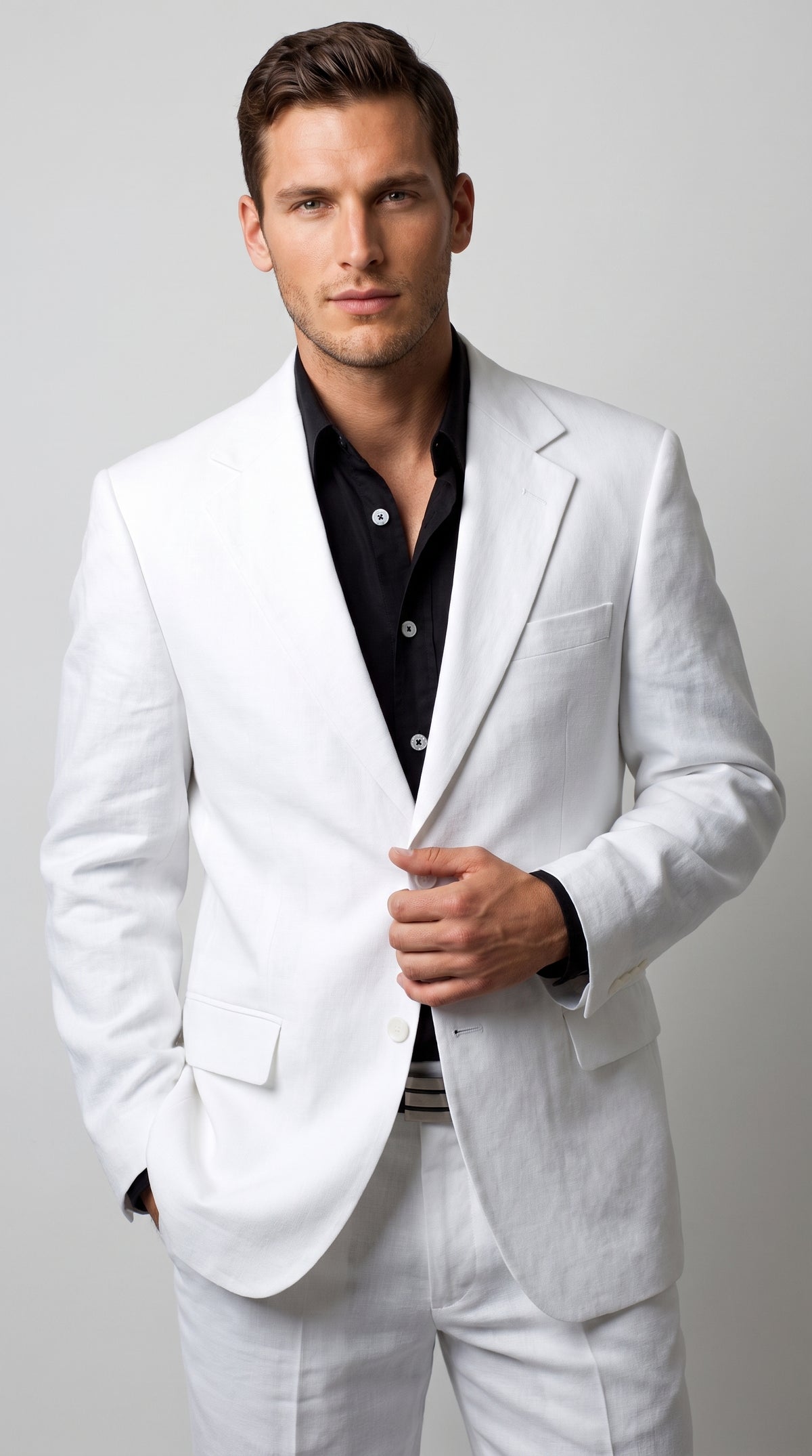 Men’s White 2-Button Suit – Classic Two-Piece Formal Suit with Black Shirt Look