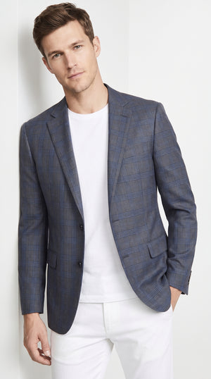 Men’s Charcoal Grey & Blue Plaid Blazer – Windowpane Pattern Sport Coat for Business, Wedding & Formal Wear