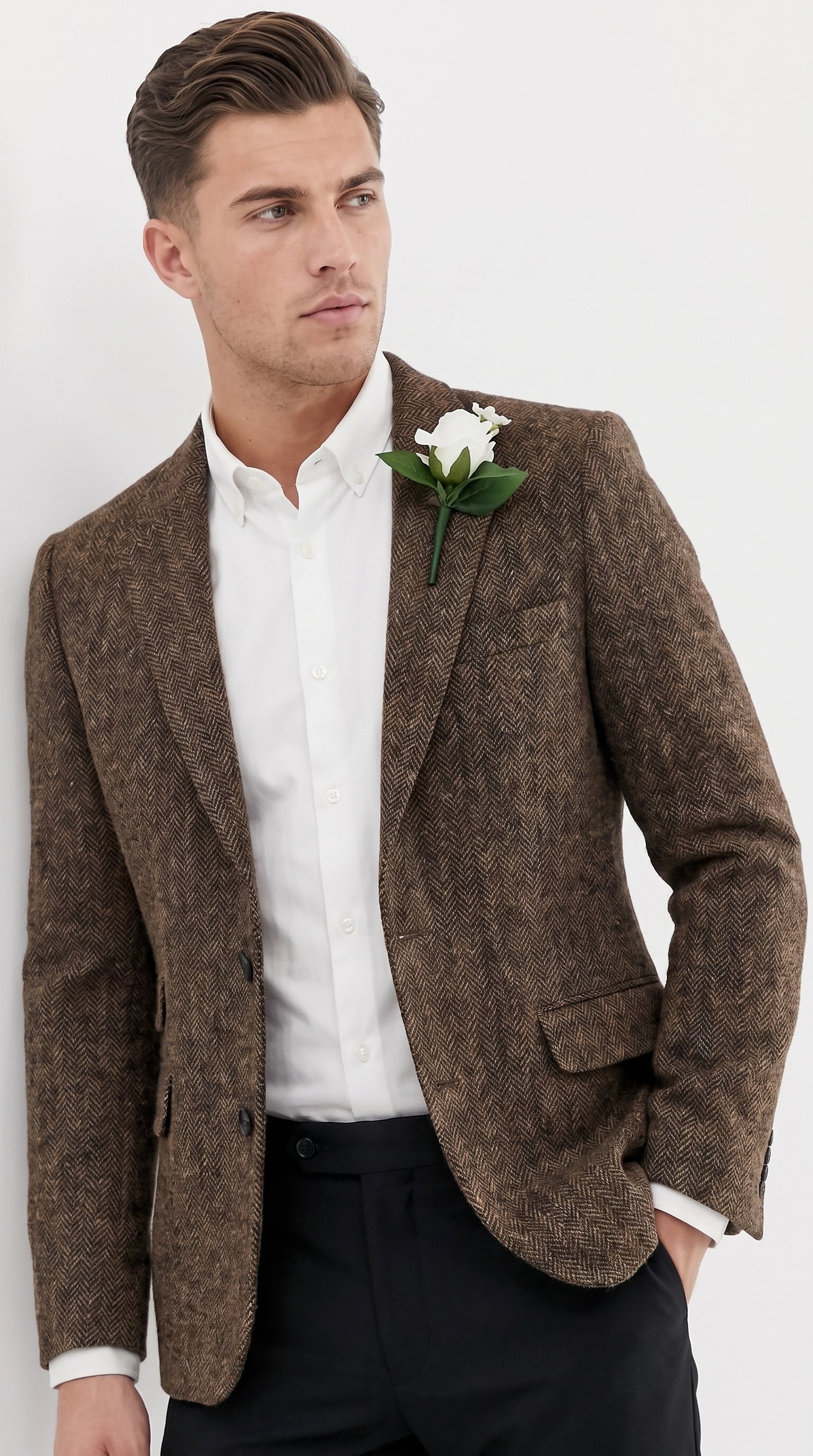 Men’s Dark Brown Tweed Herringbone Blazer, Classic Dress Sport Coat for Wedding and Casual Wear