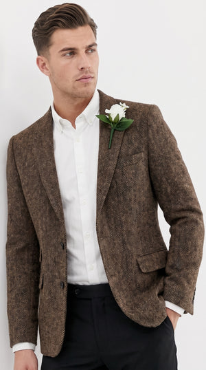 Men’s Dark Brown Tweed Herringbone Blazer, Classic Dress Sport Coat for Wedding and Casual Wear