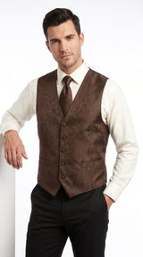 Men’s Dark Brown Paisley Tuxedo Vest and Matching Tie Set, Formal Wedding Waistcoat for Prom, Church and Parties