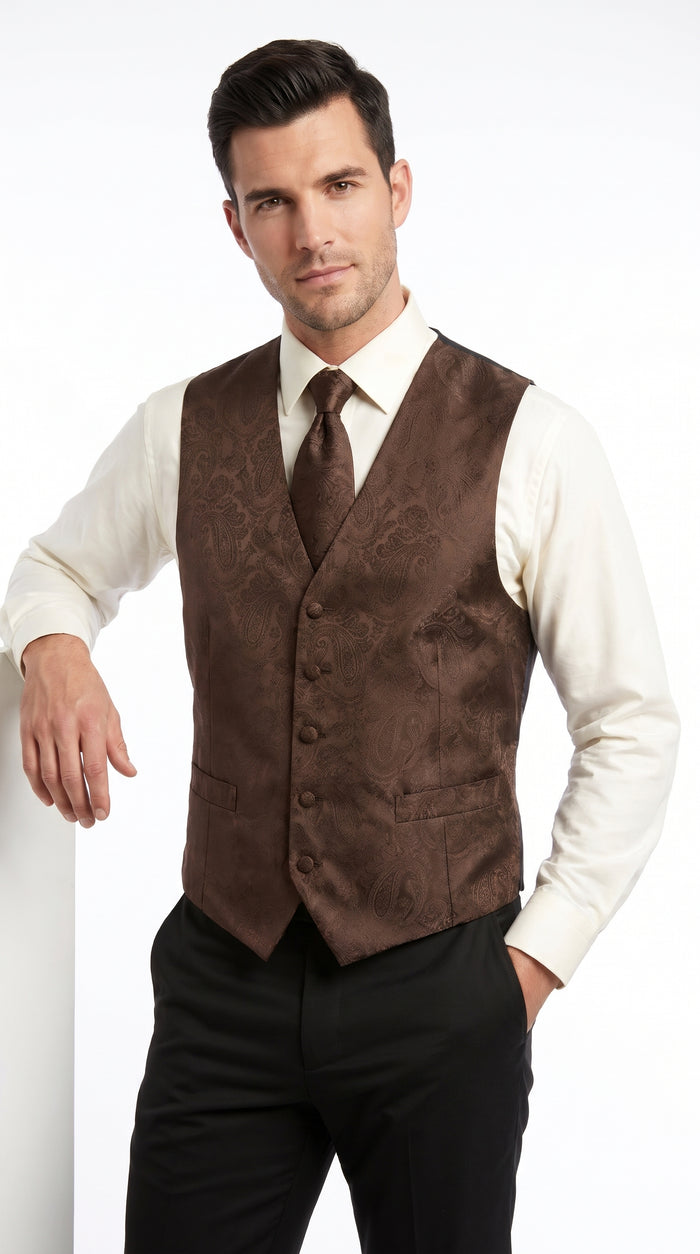 Men’s Dark Brown Paisley Tuxedo Vest and Matching Tie Set, Formal Wedding Waistcoat for Prom, Church and Parties