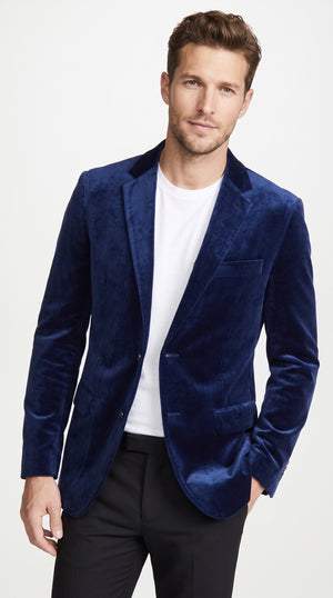 Men’s Sapphire Velvet Blazer, Modern Fit 2 Button Formal Sport Coat for Weddings and Parties