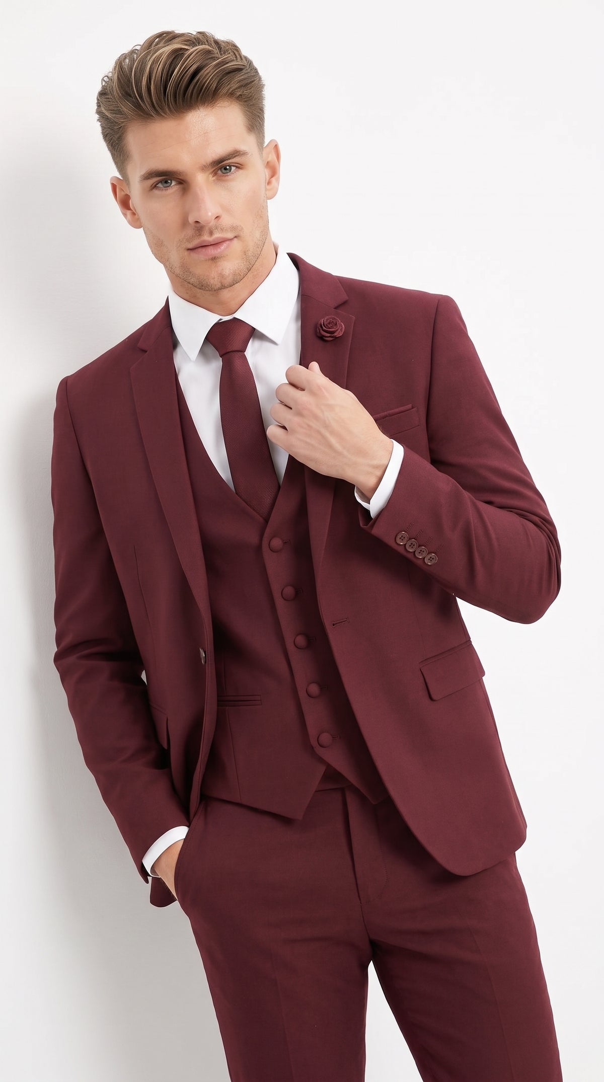 Mens 3-Piece Burgundy Slim Fit Suit with Vest – Wedding, Prom and Formal Wear