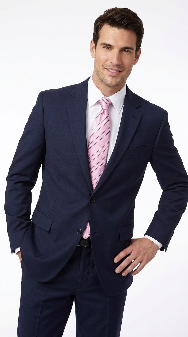 Men’s Dark Navy Blue 2-Piece Suit – Two Button Notch Lapel Jacket with Flat Front Pants