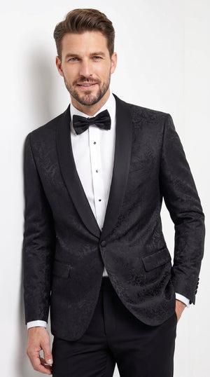 Men’s Black Fancy Pattern Sport Coat – One Button Formal Dinner Jacket with Shawl Lapel