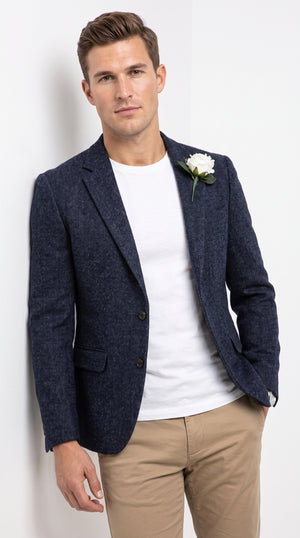 Men’s Navy Herringbone Tweed Blazer – Classic Two Button Sport Coat for Weddings, Business & Smart Casual Wear
