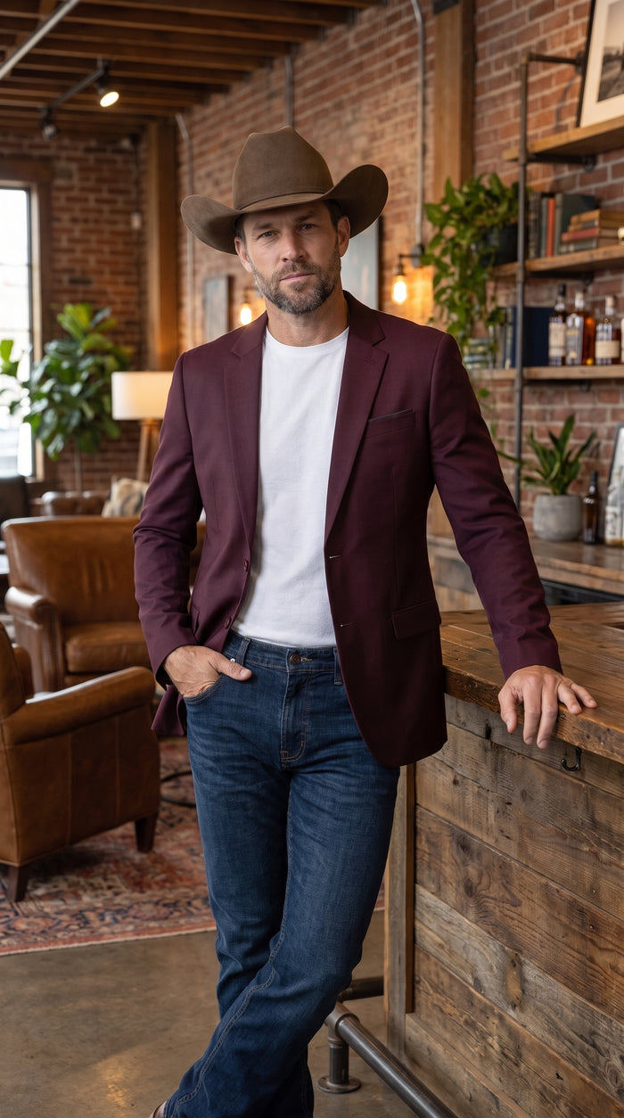 Men’s Burgundy Western Cowboy Blazer, Stretch Date Night Dress Jacket for Men